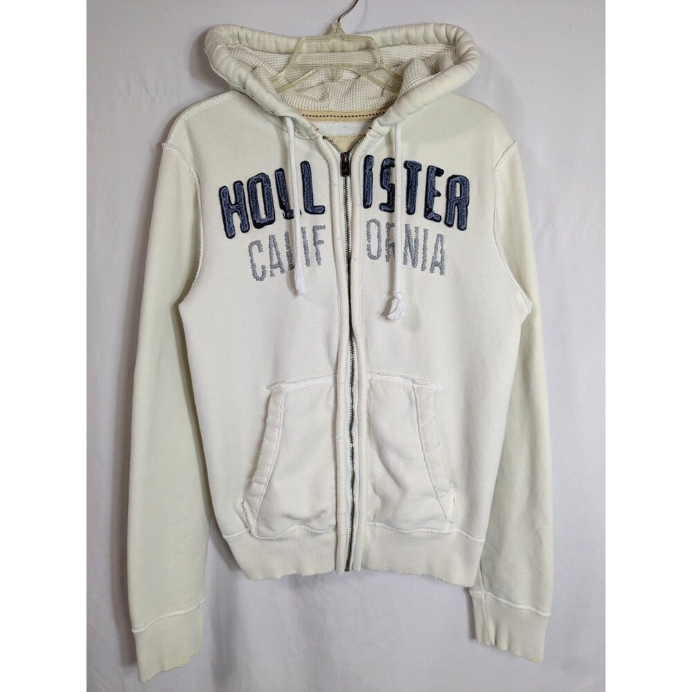 Vintage Hollister Hoodie Sweatshirt Jacket Spellout Size Medium Cream Y2K